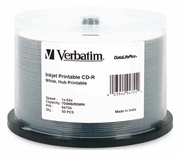 Verbatim CD-R 700MB, 52X, 80Min DataLifePlus White Inkjet Hub Printable,50PK Spindle MFR # 94755