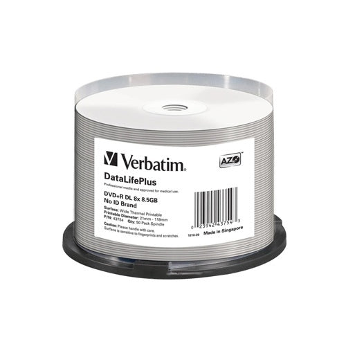 Verbatim DVD+R DL 8.5GB 8X DataLifePlus White Thermal Hub Printable-50pk Spindle MFR # 43754