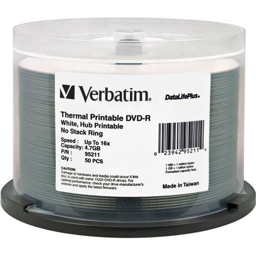 Verbatim DVD-R 4.7GB,16X DataLifePlus, White Thermal Hub Printable,50PK Spindle MFR # 95211 (50 PACK)